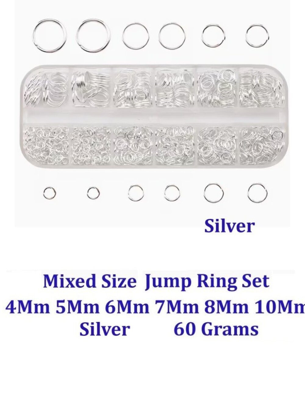 Silverery Mixed Size Jump Ring Set 4mm 5mm 6mm 7mm 8mm 10mm. 60 Grams.